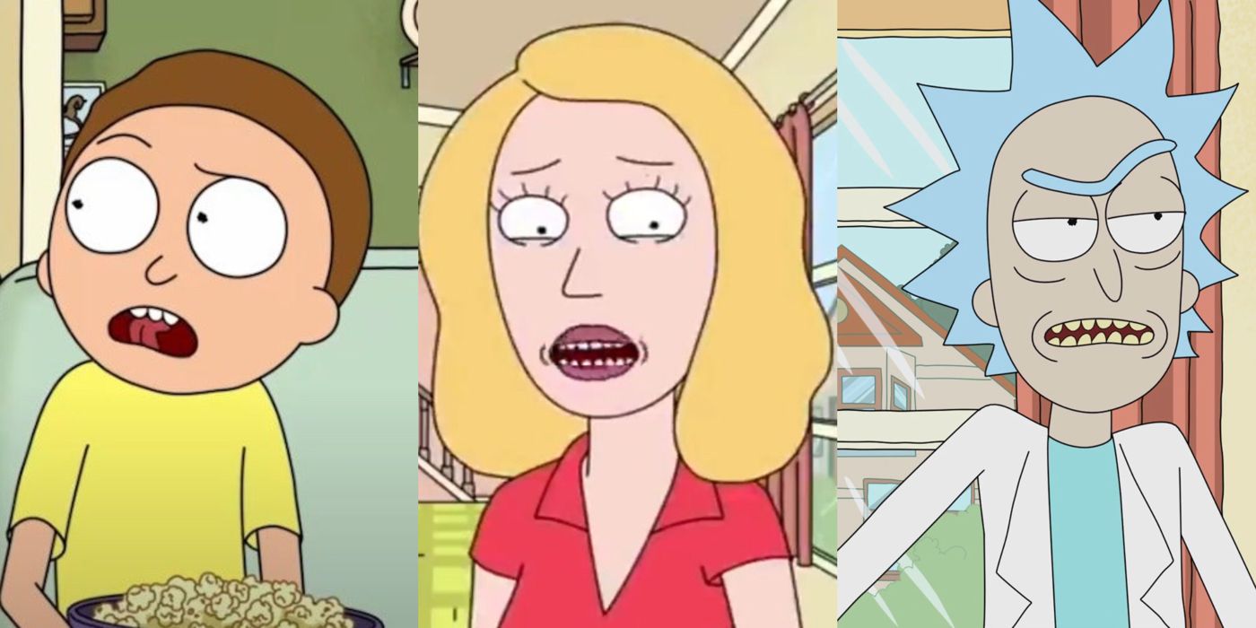 Split image of Morty, Beth and Rick from Rick and Morty