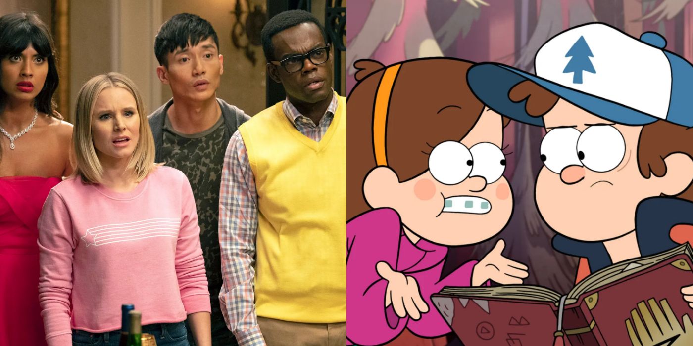 Split image of The Good Place and Gravity Falls