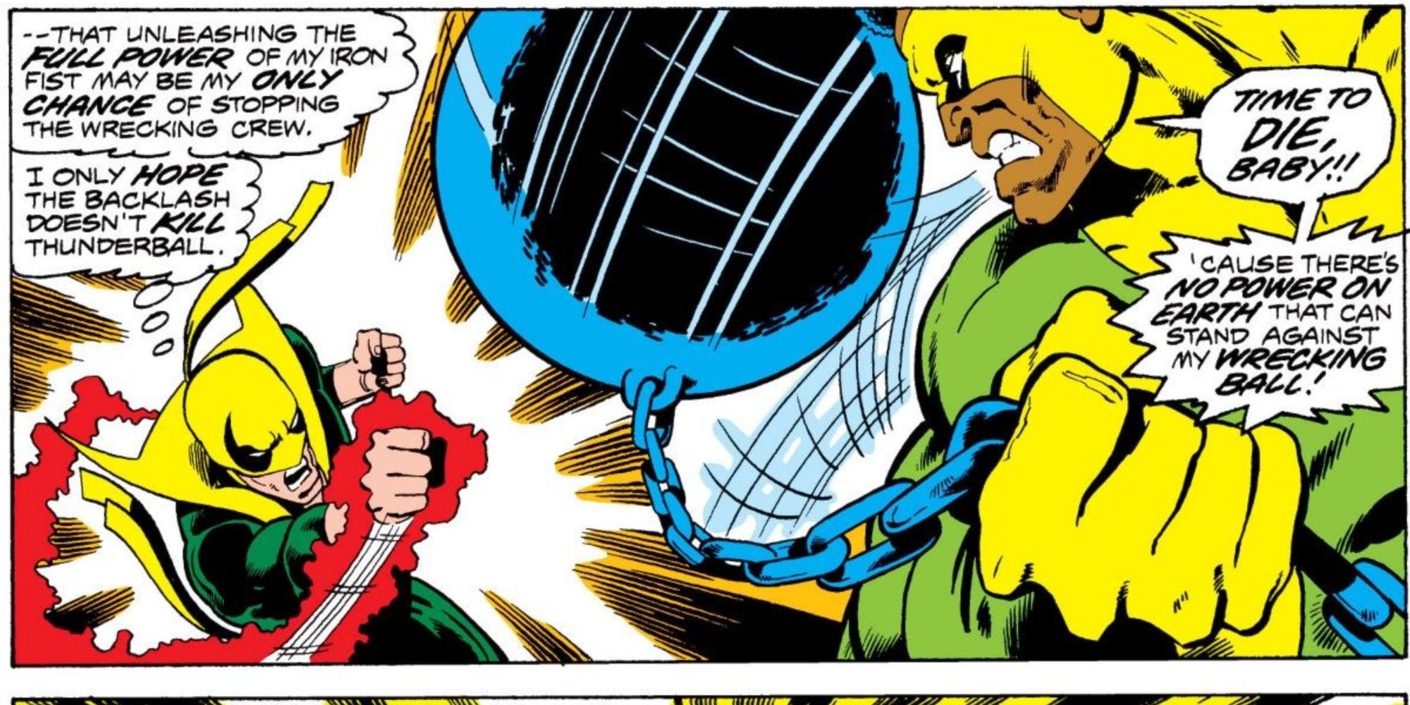 Thunderball fights Iron Fist in Marvel Comics.