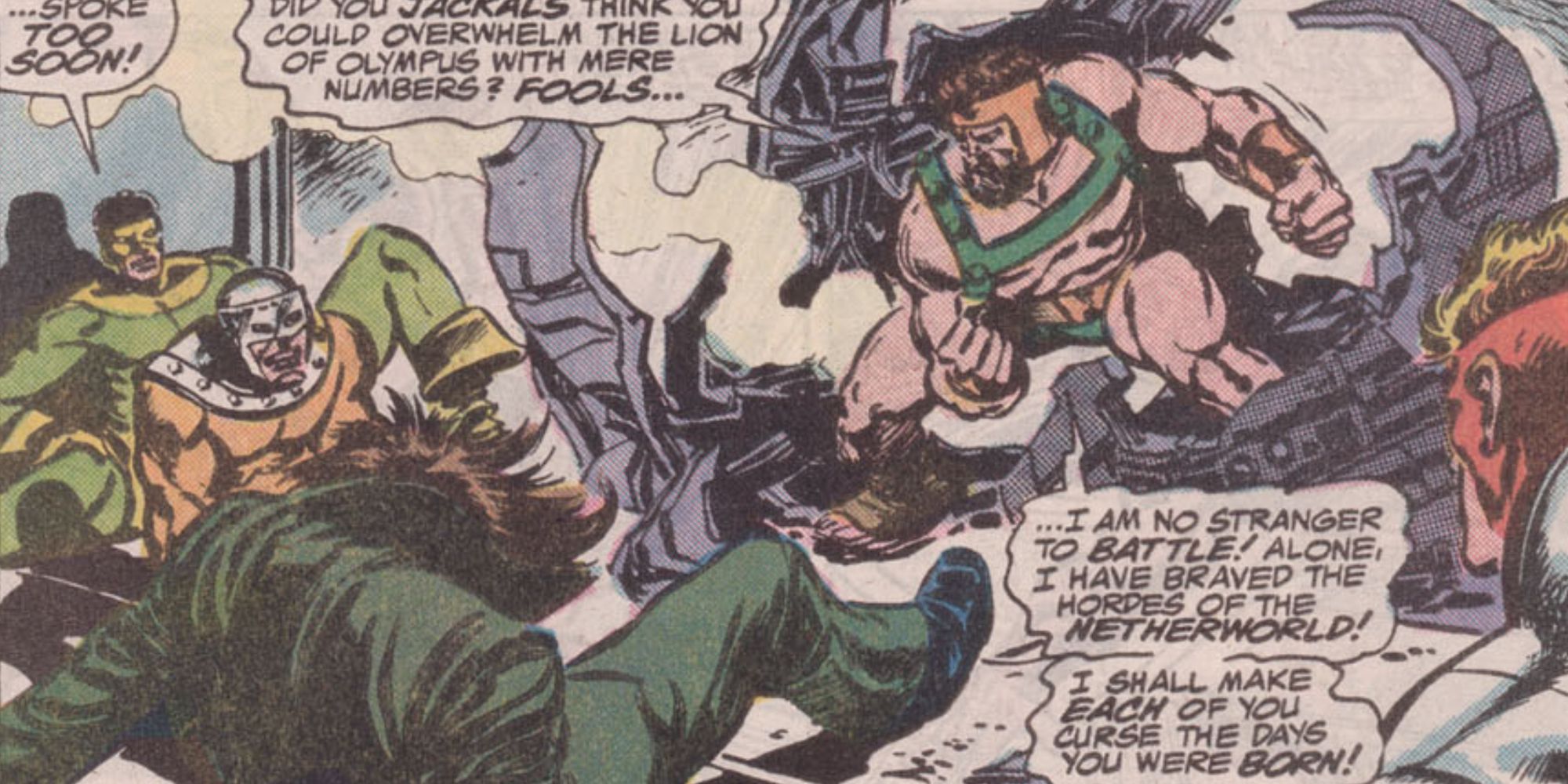 Hercules fights the Wrecking Crew in Marvel Comics.