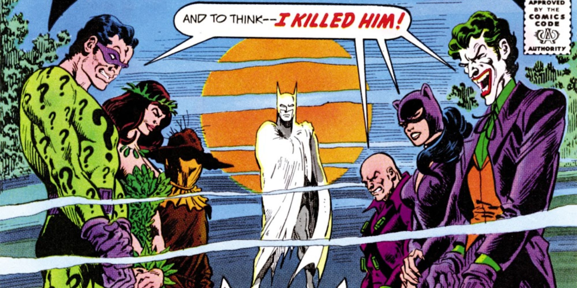 Batman villains stand over his grave in DC Comics.