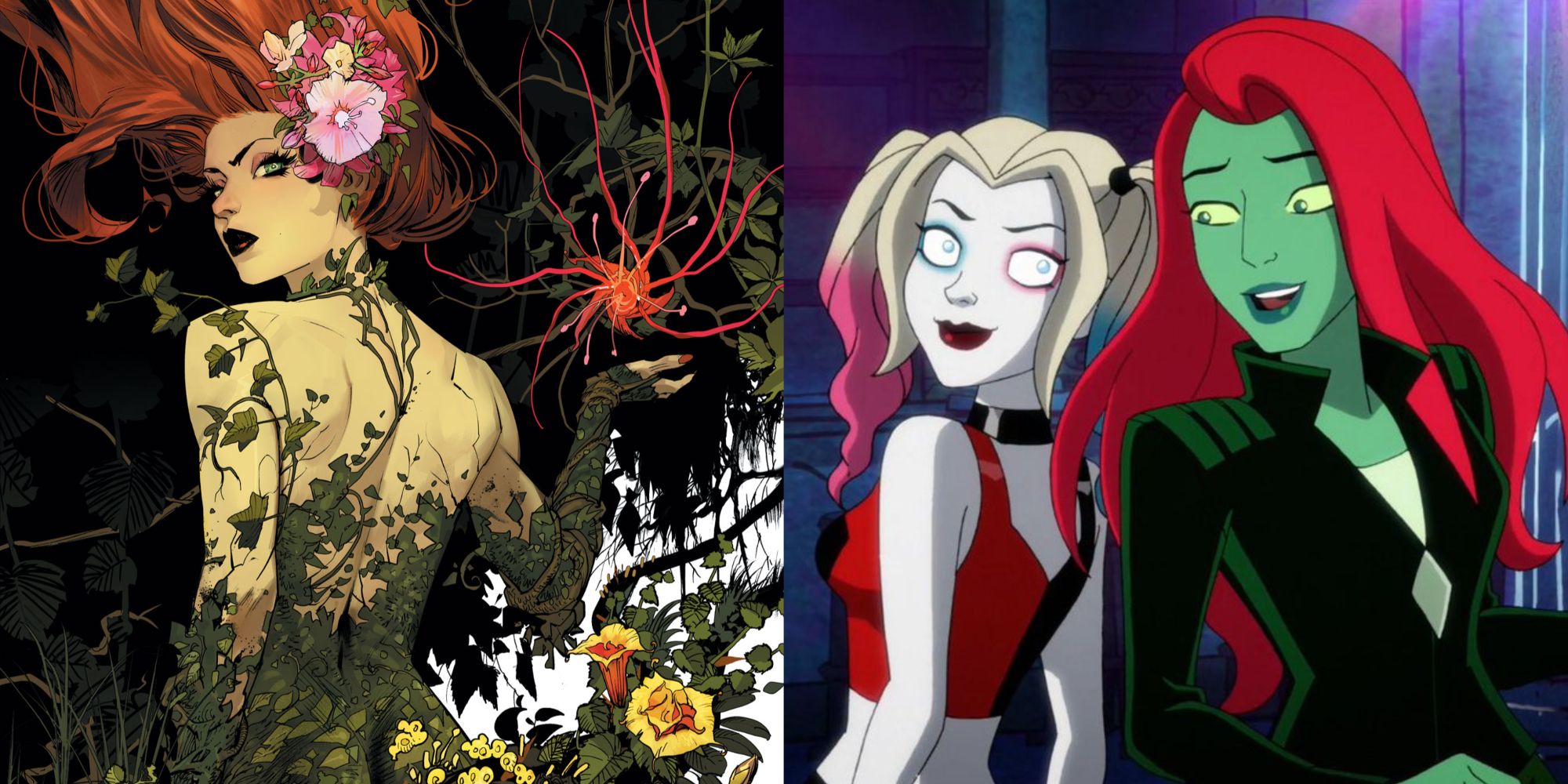 Split image of Poison Ivy from DC Comics and Harley and Ivy from Harley Quinn animated series.