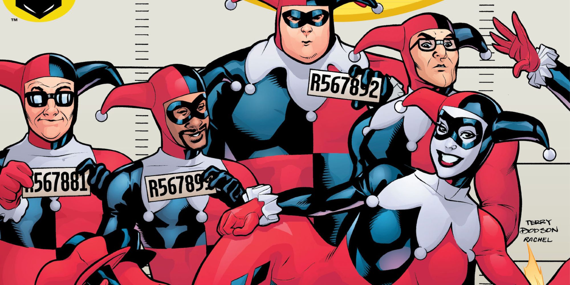 Harley Quinn poses with The Quintets in DC Comics.