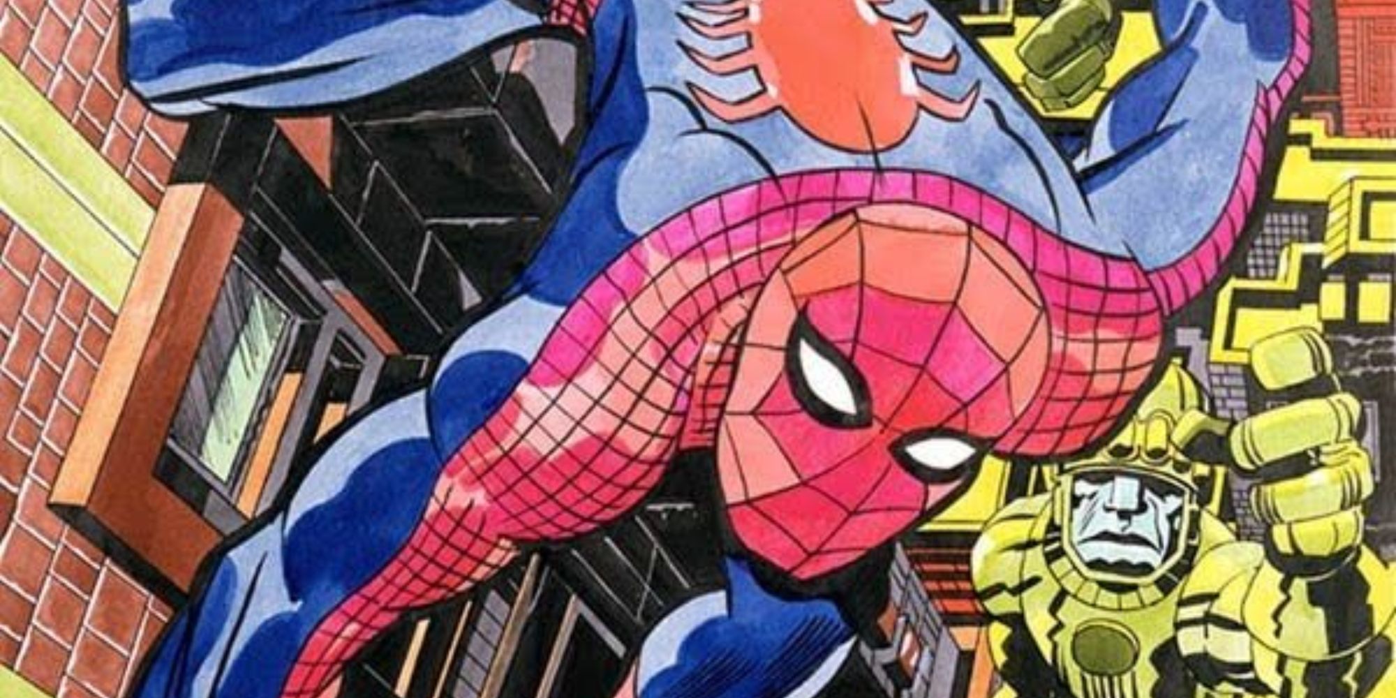 Spider-Man fights Sentinels in a Jack Kirby drawing.