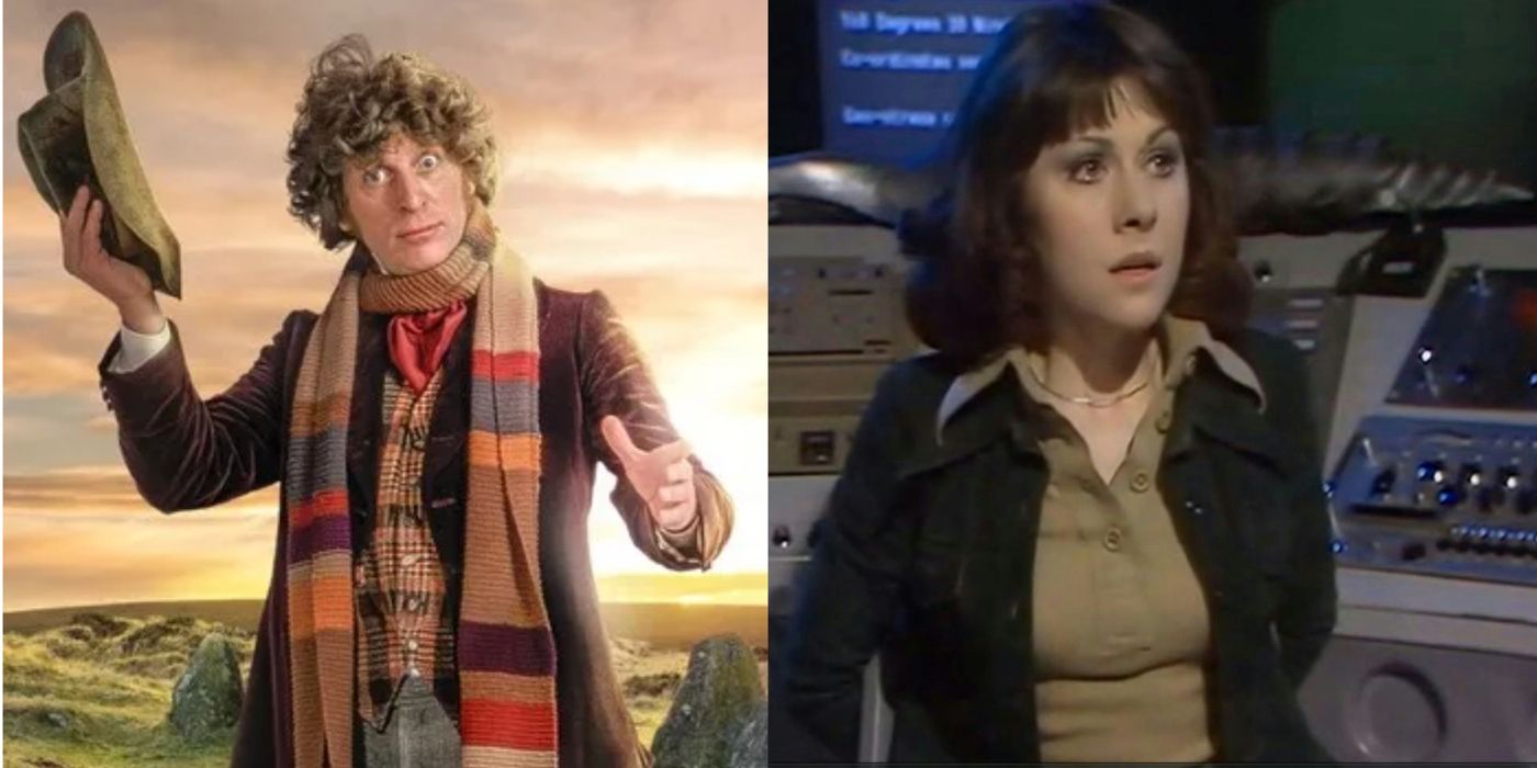 The Fourth Doctor tips his hat in front of a hilly landscape, and Sarah Jane looks shocked on the Nerva Beacon.
