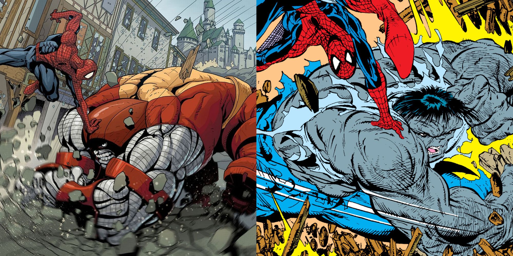 Split image of Spider-Man fighting Colossus as Juggernaut and the Gray Hulk from Marvel Comics.
