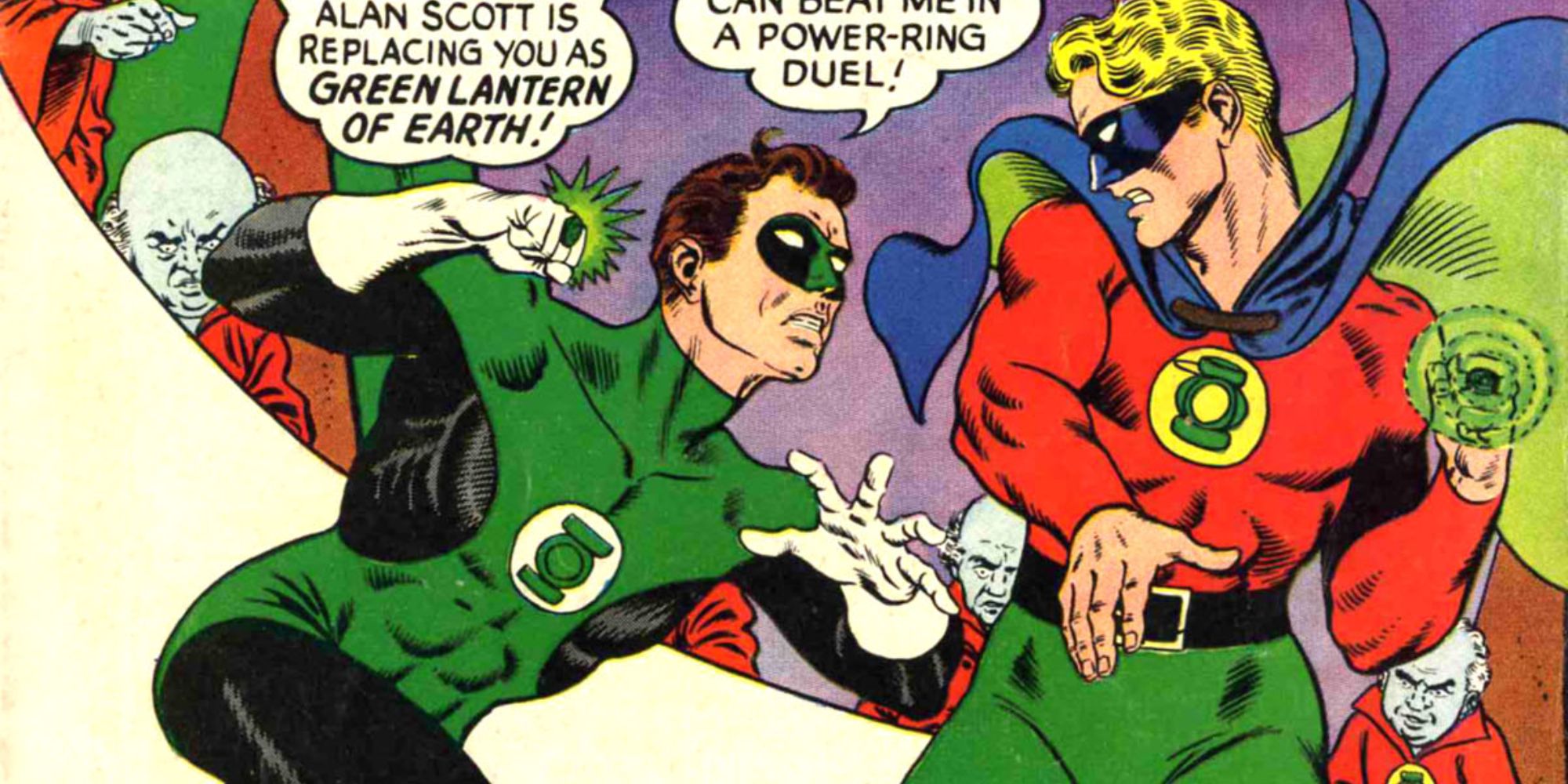 Hal Jordan fights Alan Scott in Green Lantern comics.