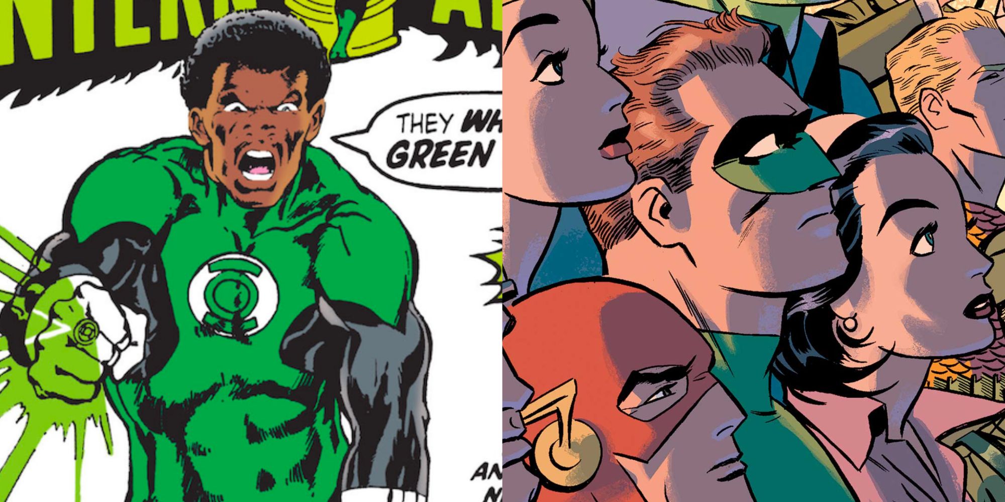 Split image of John Stewart as Green Lantern and Justice League from DC: The New Frontier comics.