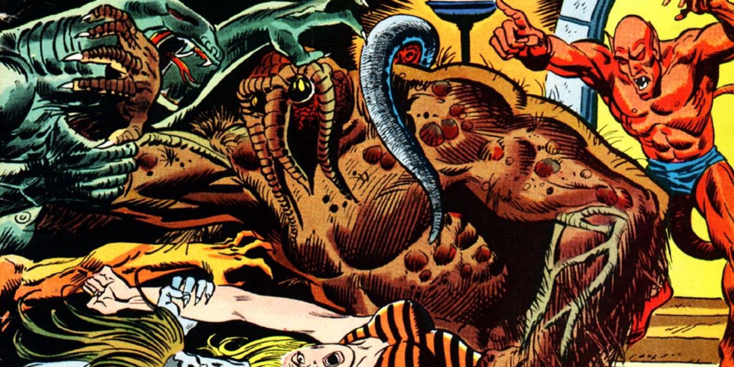 Man-Thing fights demons in Marvel Comics.