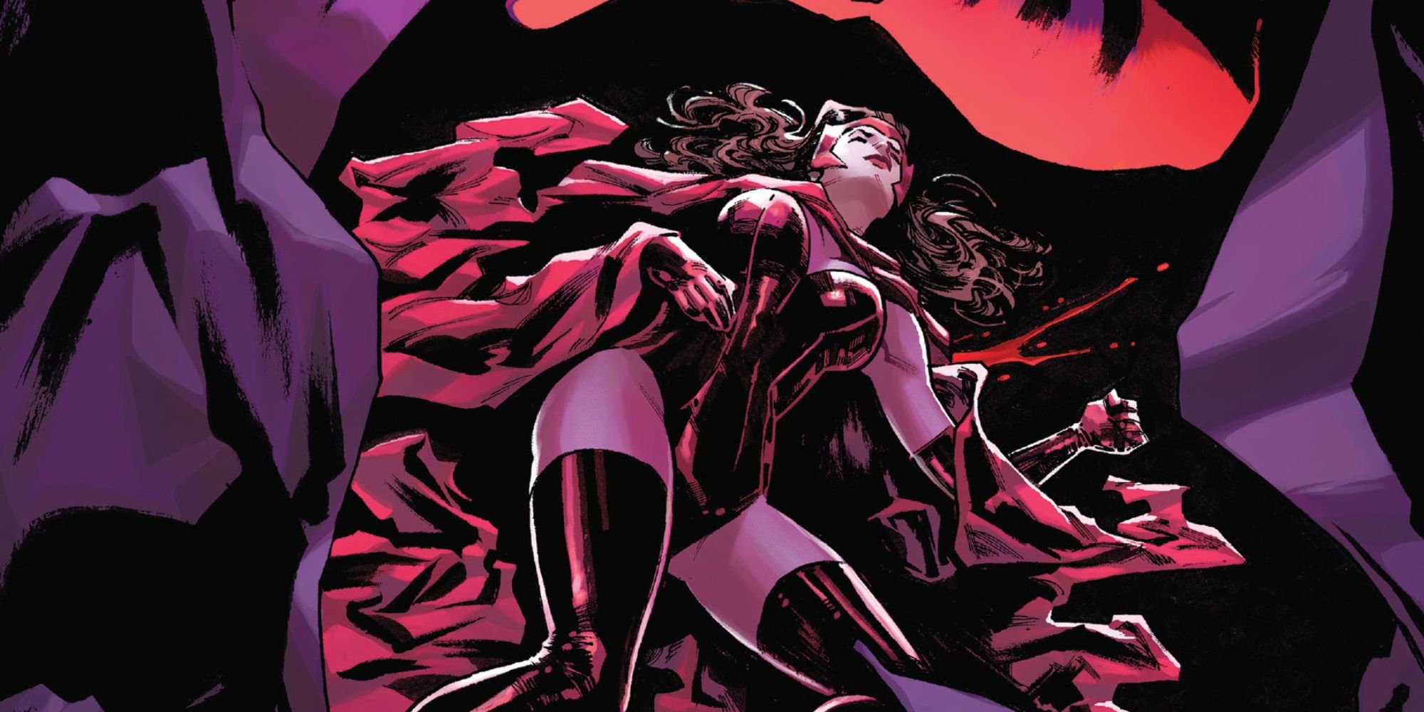 The Scarlet Witch lies dead in The Trial of Magneto comics.