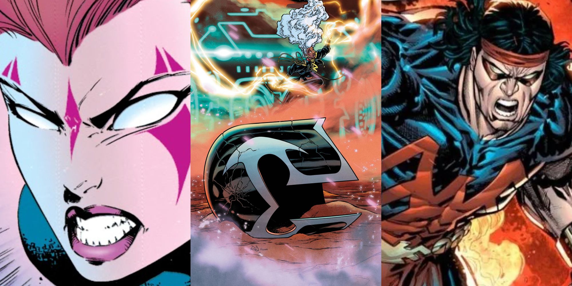 Split image of Blink, Magneto's fallen helmet, and Thunderbird from X-Men comics.