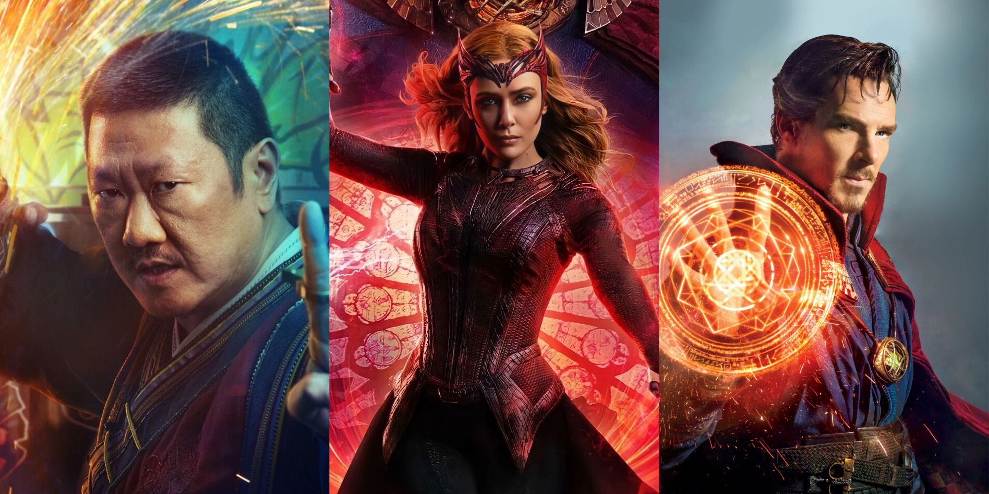 Split image of Wong, Scarlet Witch, and Doctor Strange from the MCU.