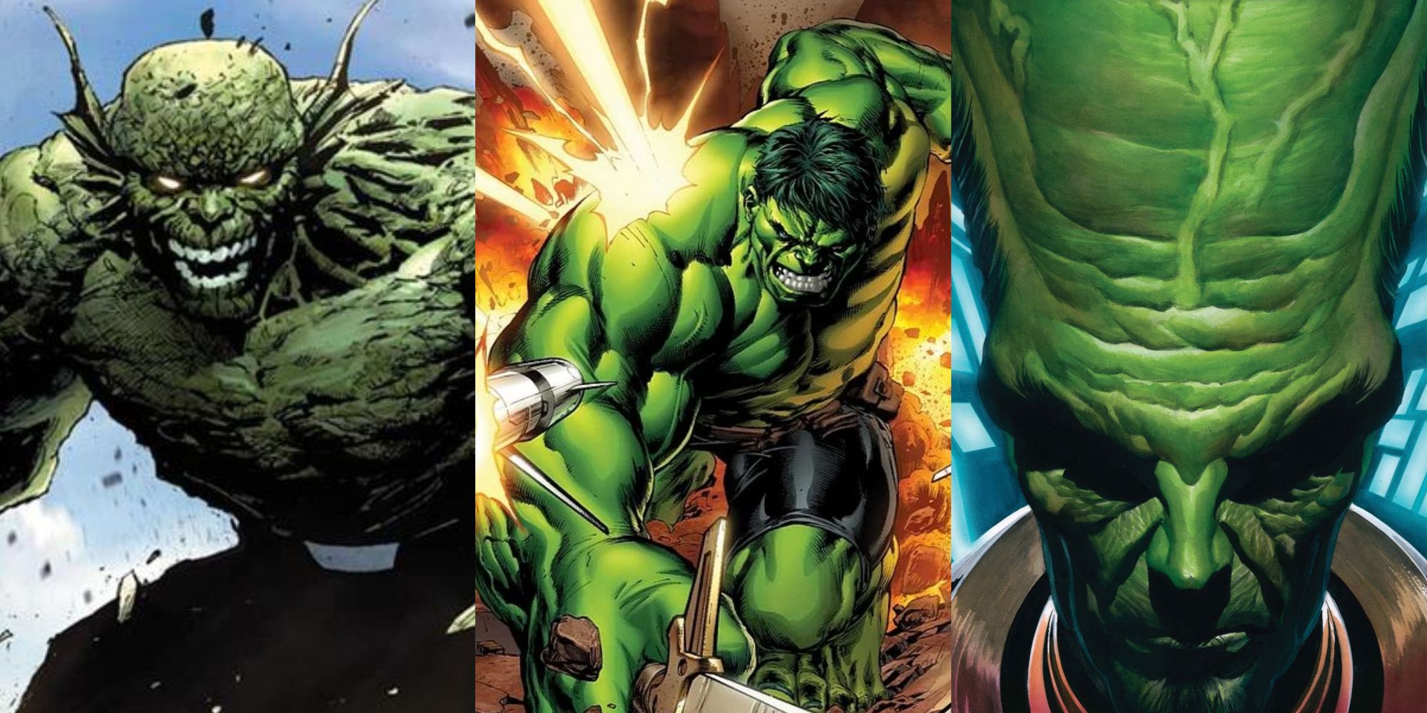 Split image of Abomination, the Hulk, and the Leader from Marvel Comics.