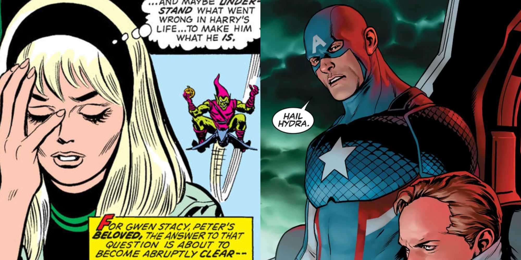 Split image of Green Goblin attacking Gwen Stacy and Captain America saying 'Hail Hydra' in Marvel Comics.