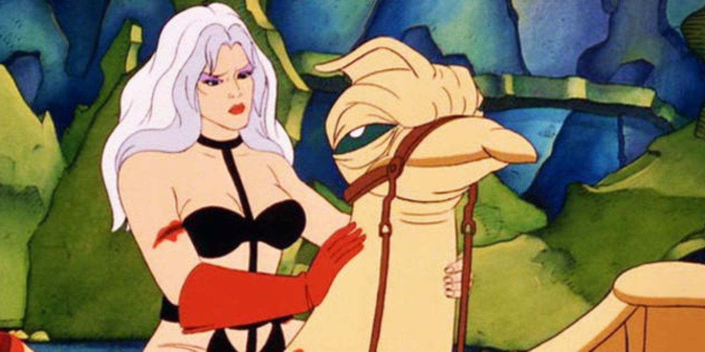 A scene with a woman on a creature from Heavy Metal.