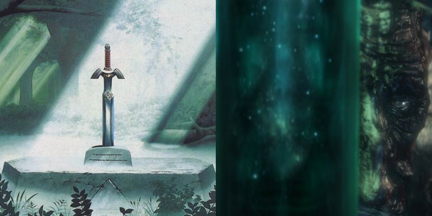 A split image of the Master Sword from The Legend of Zelda: A Link to the Past and Ludwig the Holy Blade from Bloodborne.
