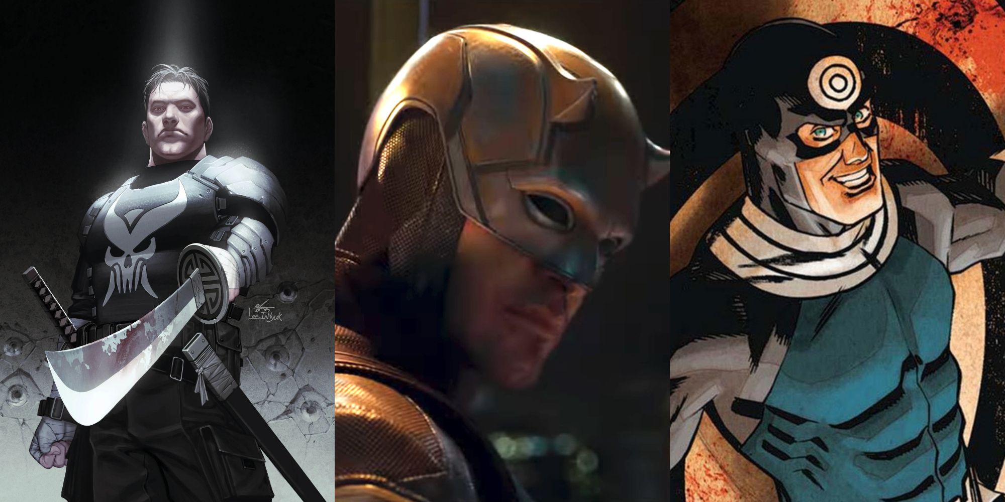 Split image of The Punisher from Marvel Comics, Daredevil from She-Hulk: Attorney At Law, and Bullseye from Marvel Comics.