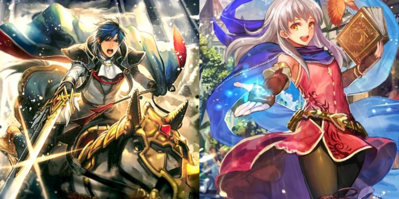 A split image of Sigurd and Micaiah from Fire Emblem Cipher artwork.