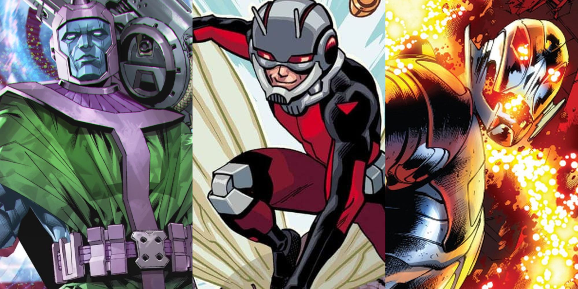 Split image of Kang The Conqueror, Ant-Man, and Ultron from Marvel Comics.