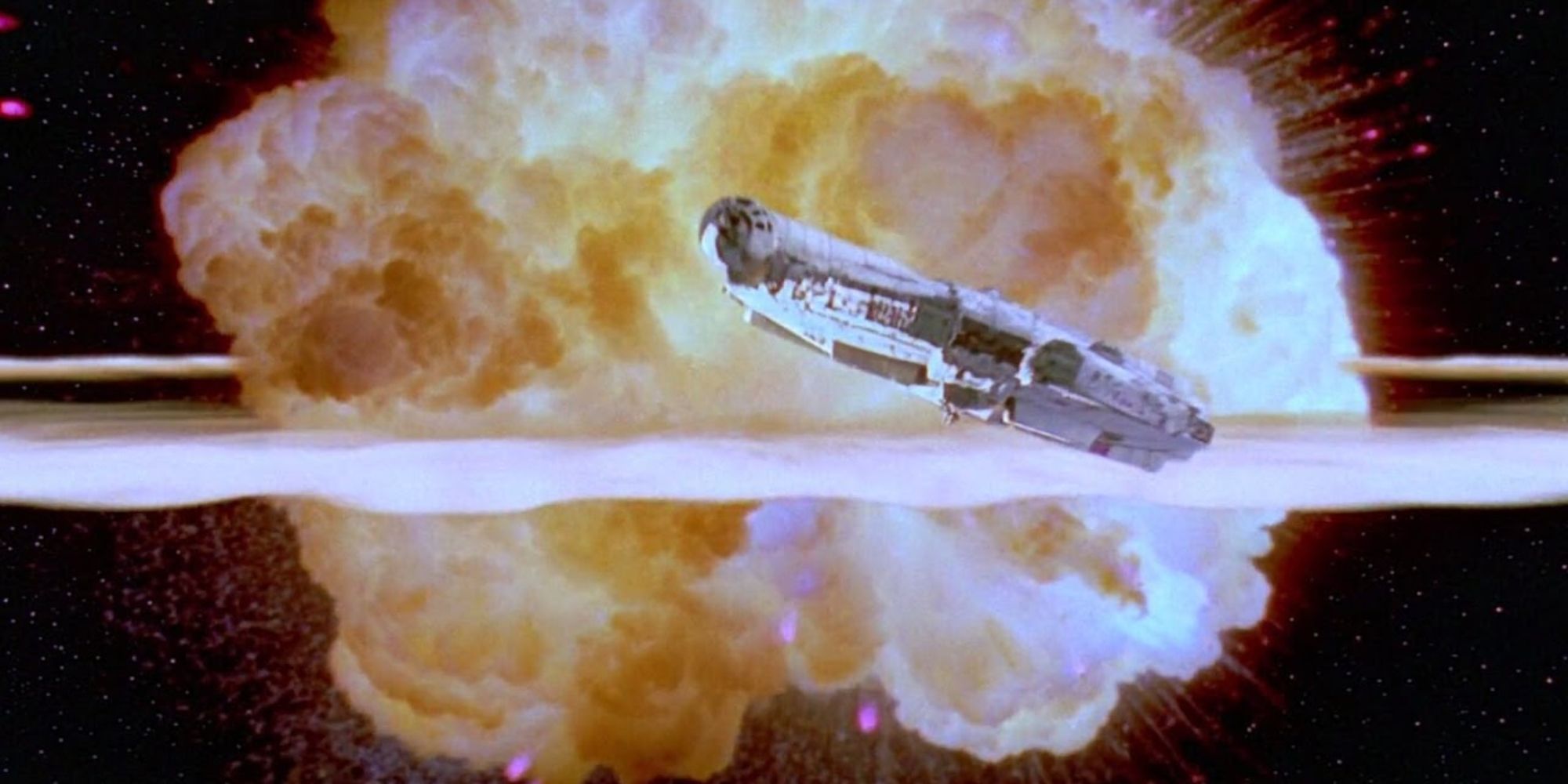 The Millennium Falcon escapes the Death Star 2 in Return of the Jedi.