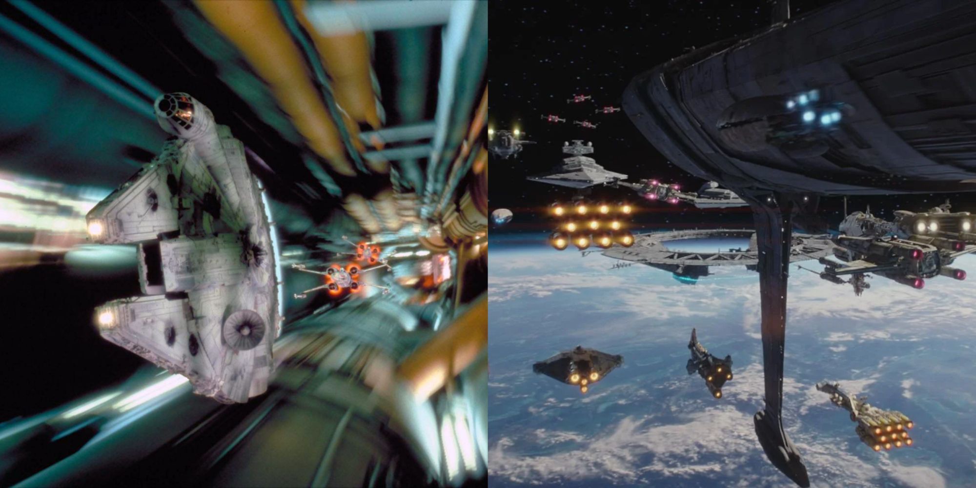 Split image of Rebel ships flying inside the Death Star 2 from Return of the Jedi and arriving at Scarif in Rogue One.