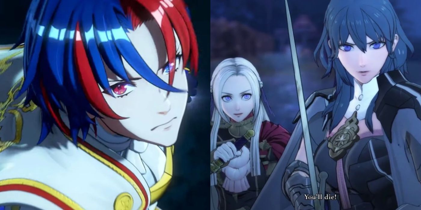 A split image of a cutscene from Fire Emblem Engage of Alear and a cutscene from Fire Emblem Three Houses of Edelgard and Byleth.