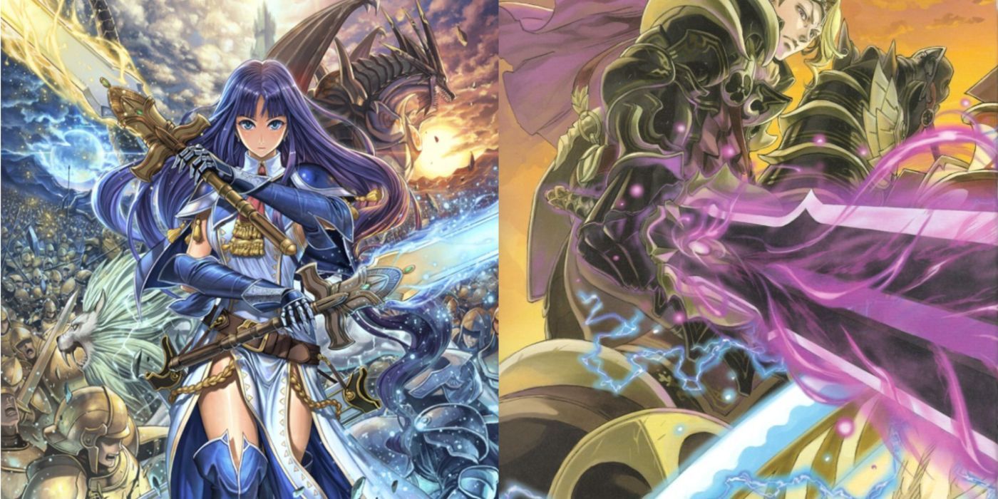 A split image of Altina with Ragnell and Alondite from Fire Emblem: Radiant Dawn / Cipher and Xander wielding Siegfried from Fire Emblem: Fates / Cipher.