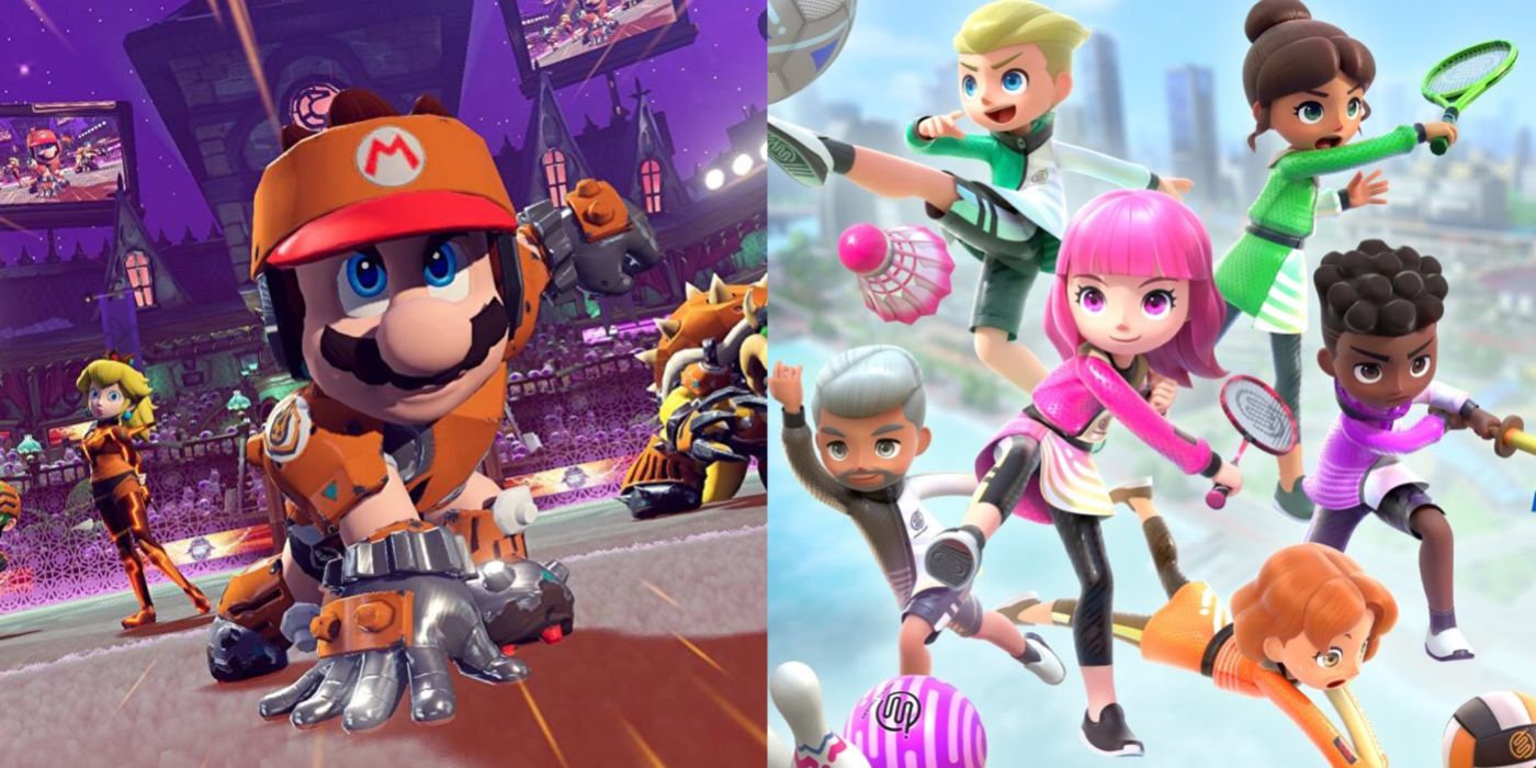 Split image showing Mario and Nintendo Switch Sports