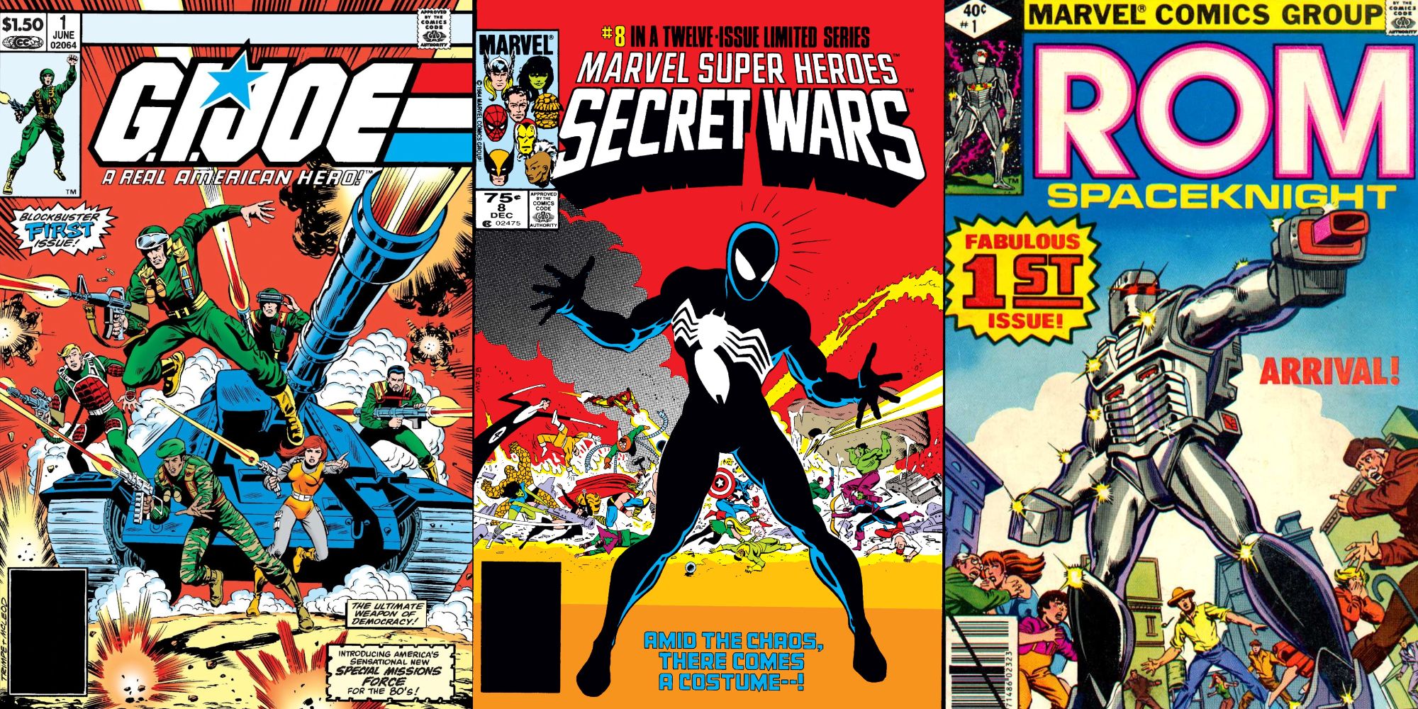 Split image of G.I. Joe #1, Secret Wars #8, and Rom: Spaceknight #1 from Marvel Comics.