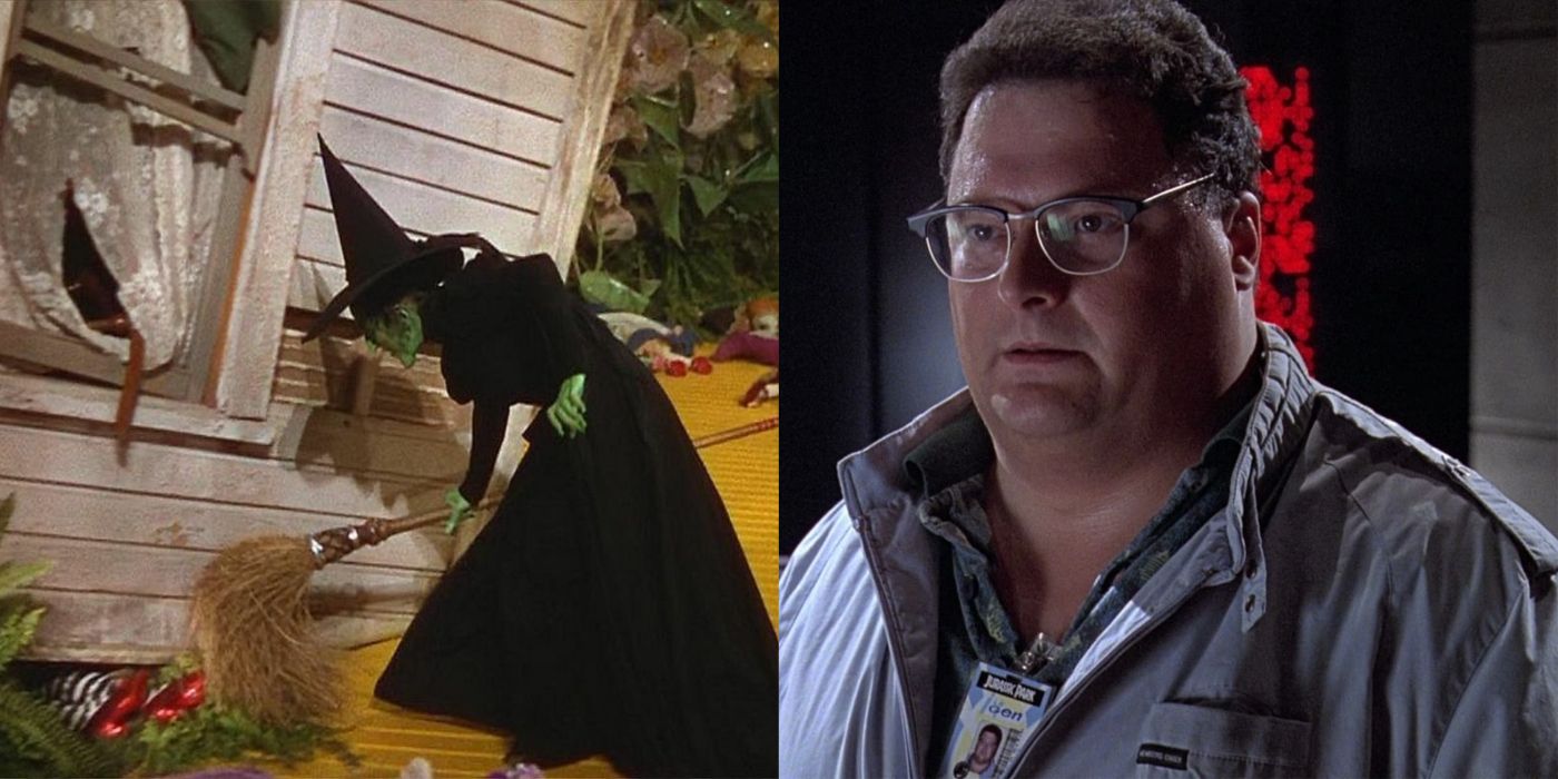 Split image of the Wicked Witch of the East and West in The Wizard of Oz and Dennis Nedry in Jurassic Park