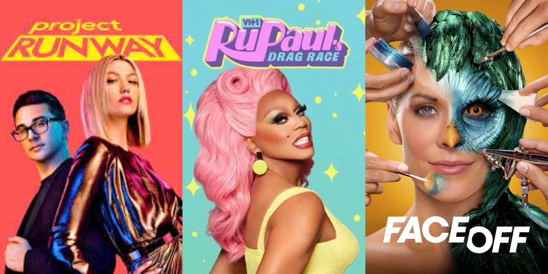 Posters for Project Runway, Drag Race, and Face Off.