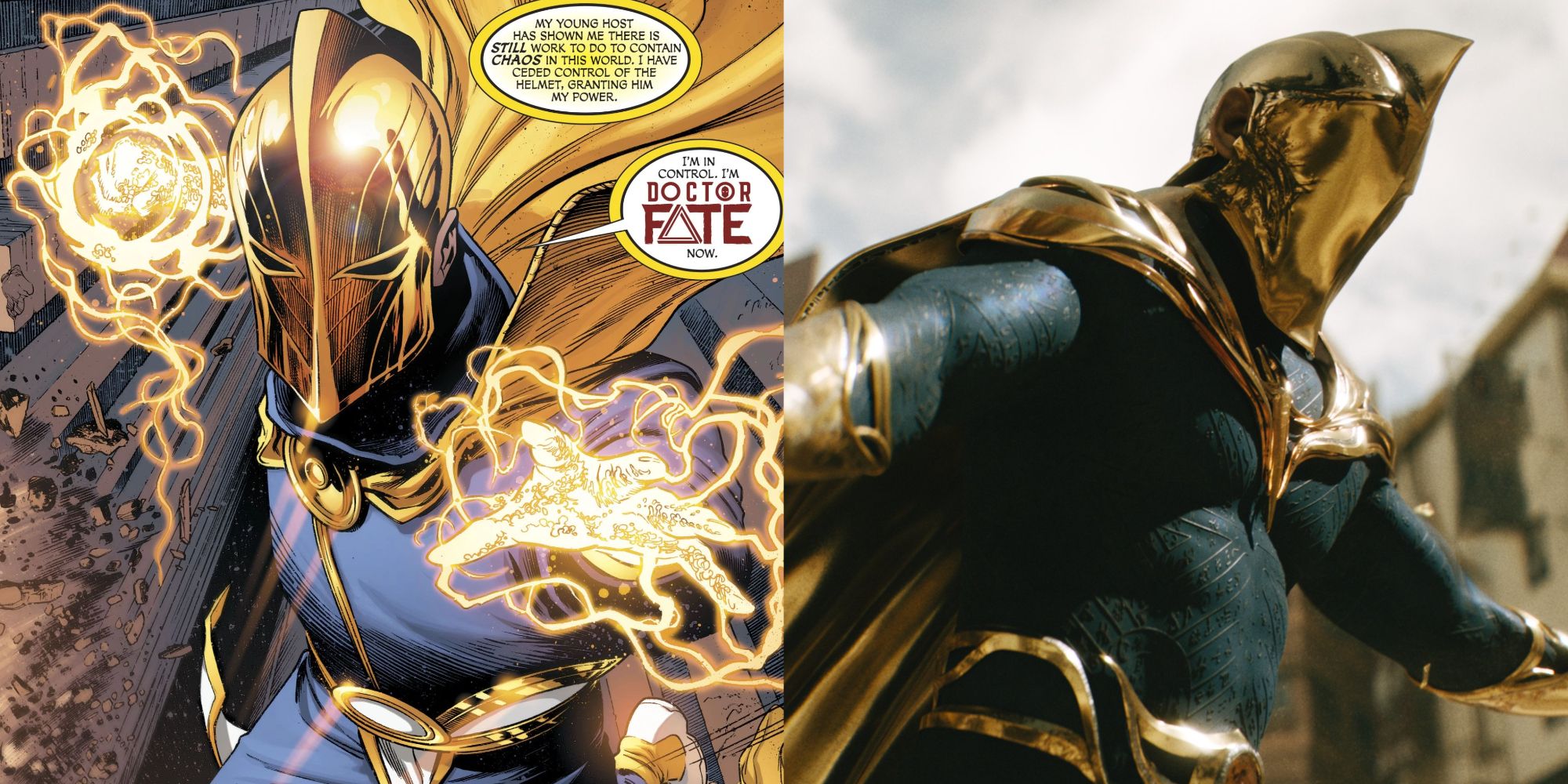 Split image of Doctor Fate from DC Comics and Black Adam movie.