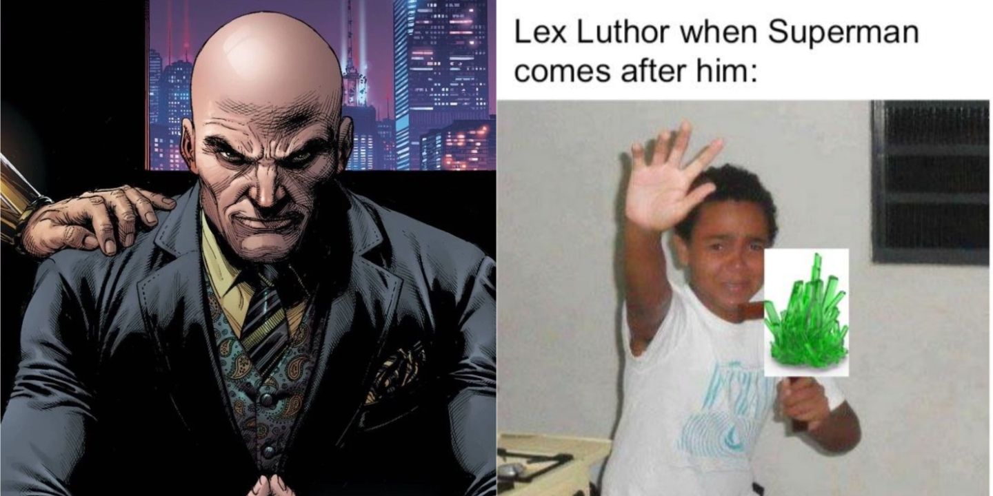 Lex Luthor sits behind his desk while a child cowers