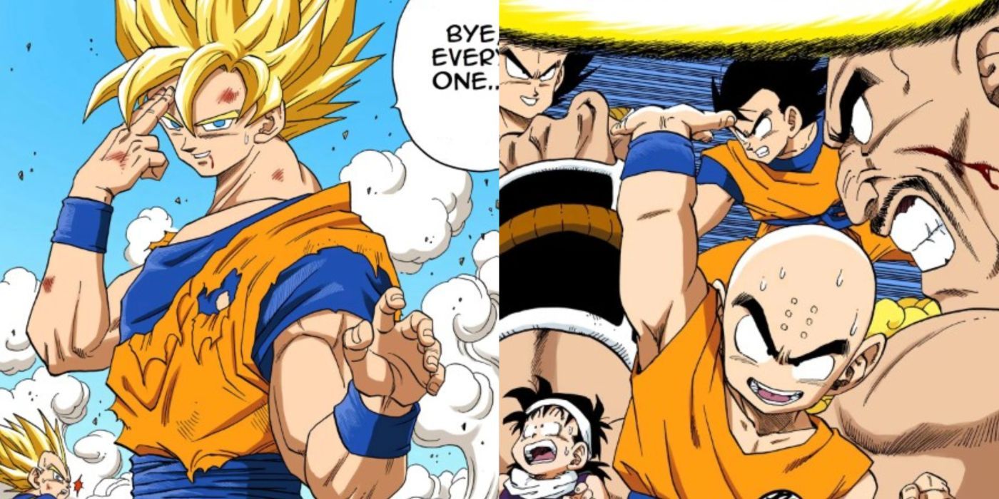 A split image of Goku during the Cell Games and the major characters of the Vegeta arc.