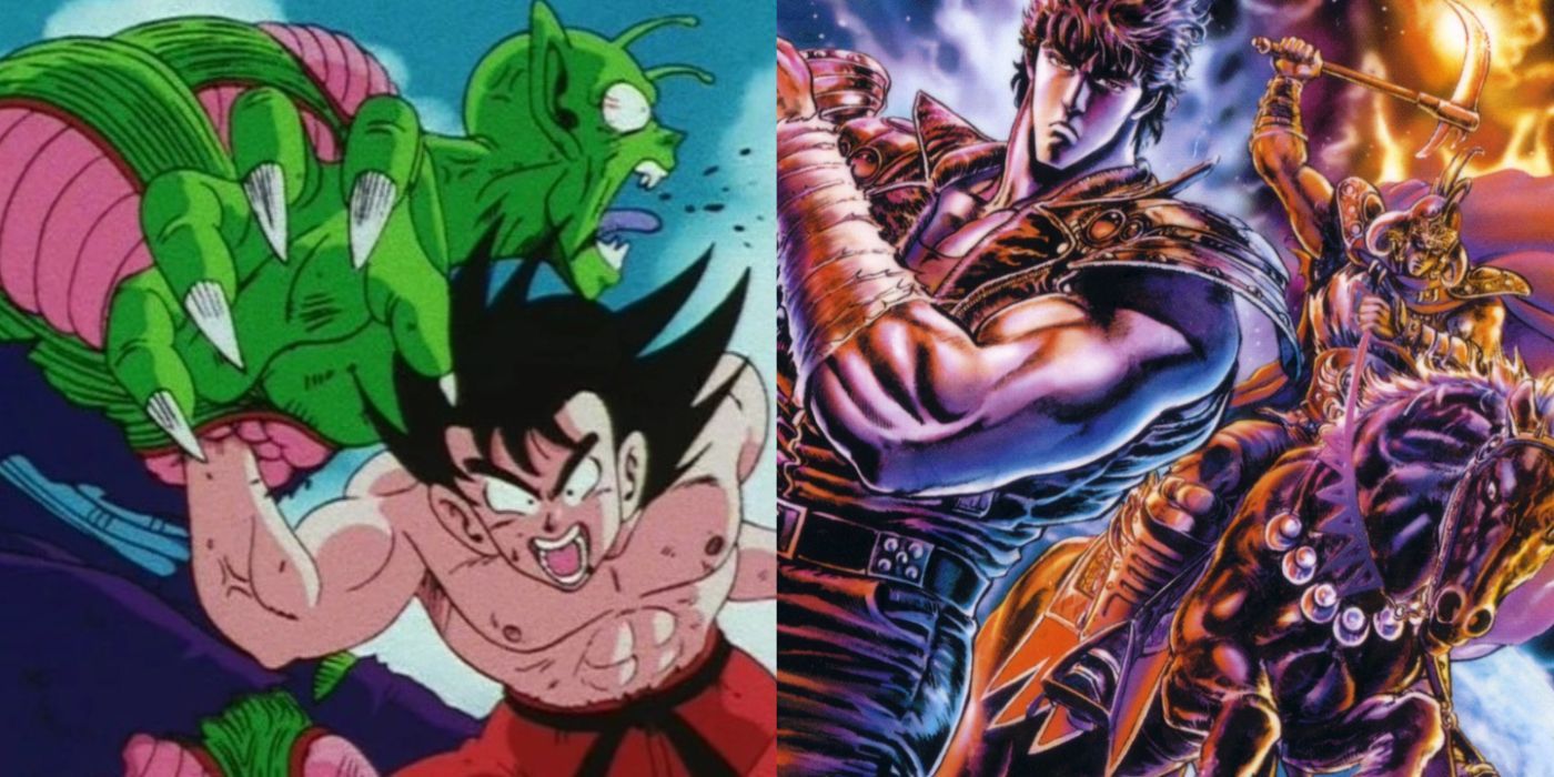 A split image of Goku punching Piccolo from Dragon Ball and Kenshiro and Raoh from Fist of the North Star.