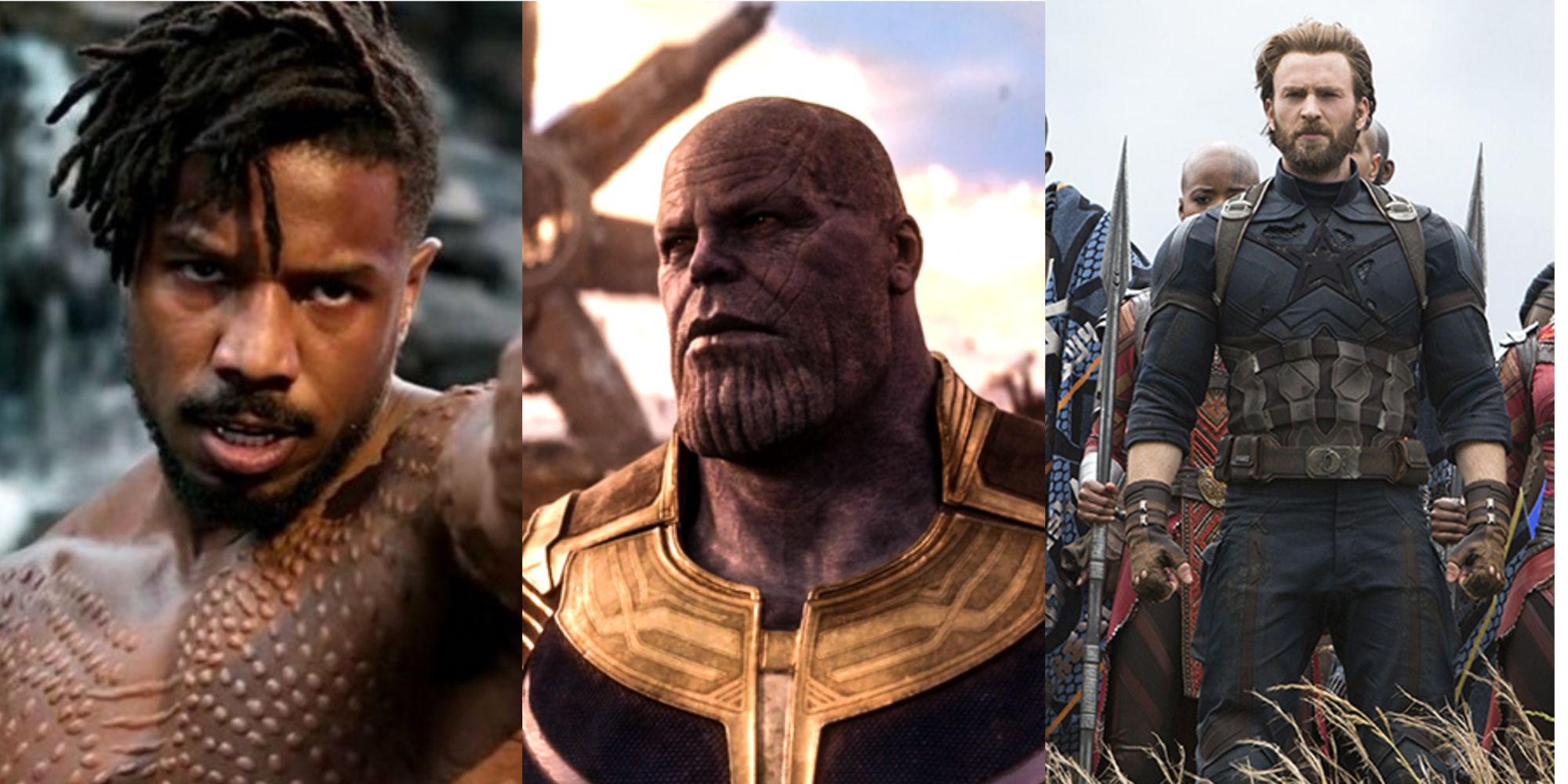 A split image of Killmonger, Thanos, and Steve Rogers is shown.