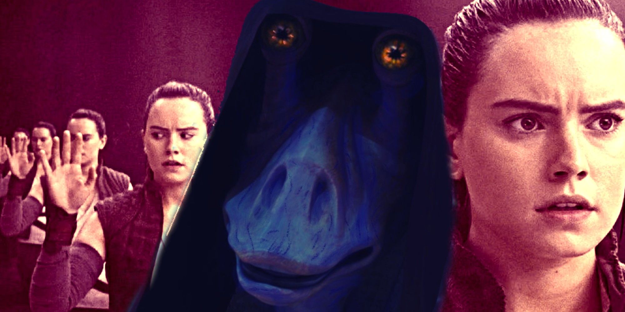Collage of Darth Jar Jar Binks and Rey in the mirror cave scene from Star Wars: The Last Jedi