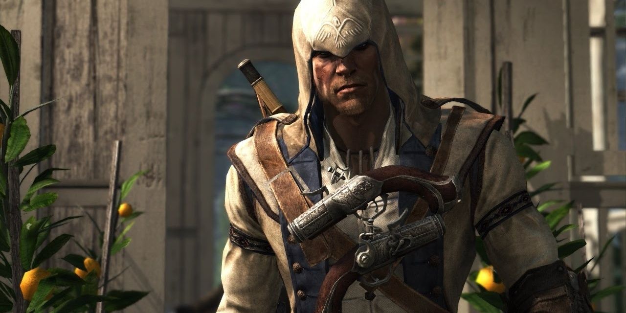 Connor Kenway andando com o capuz abaixado em Assassin's Creed III 