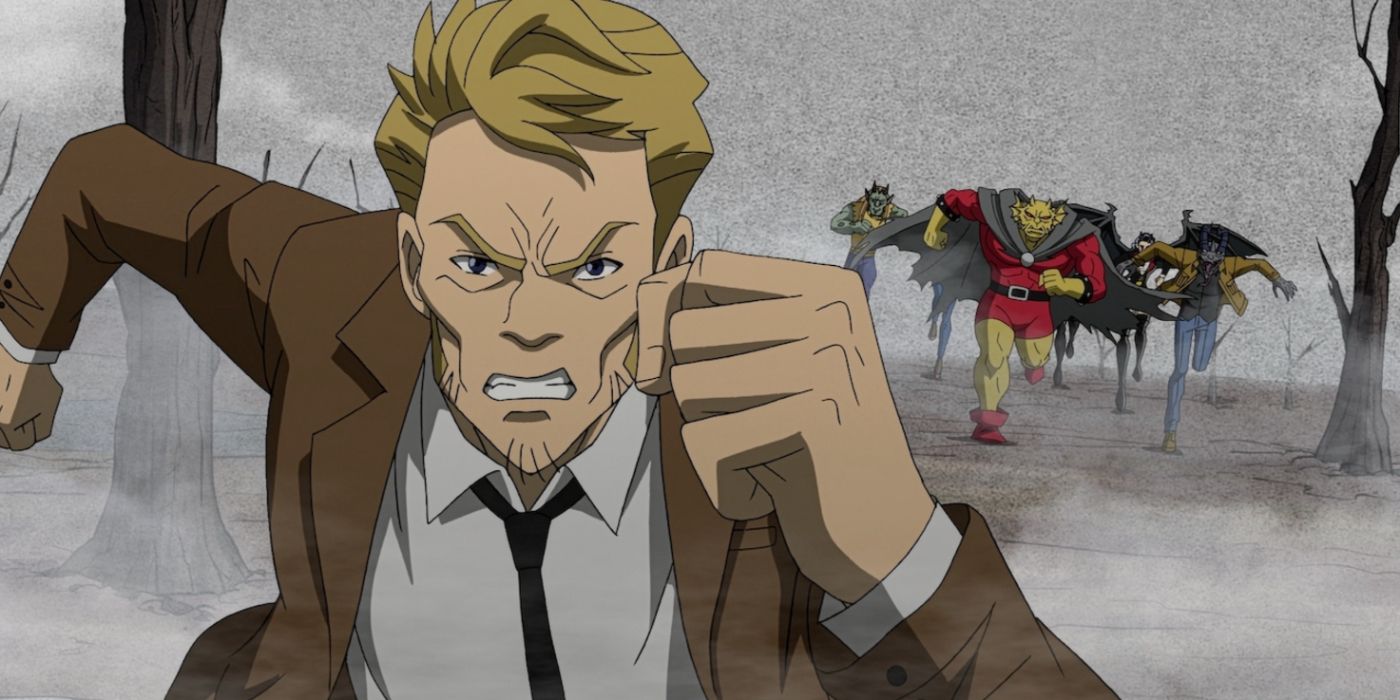 Constantine fugindo de versões demoníacas de seus amigos em DC Showcase Constantine The House of Mystery