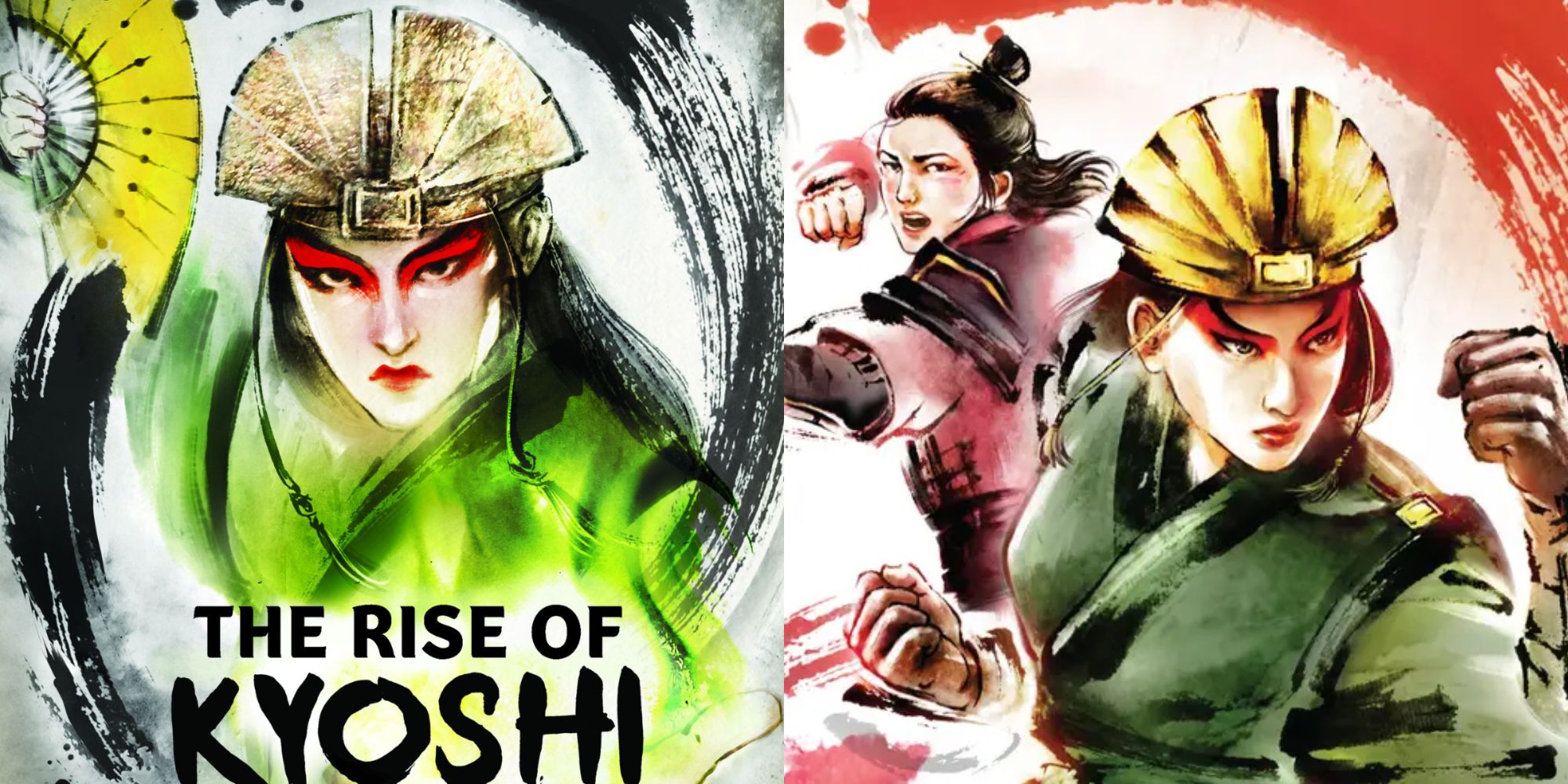 Split image showing the covers for The Rise of Kyoshi and The Shadow of Kyoshi.