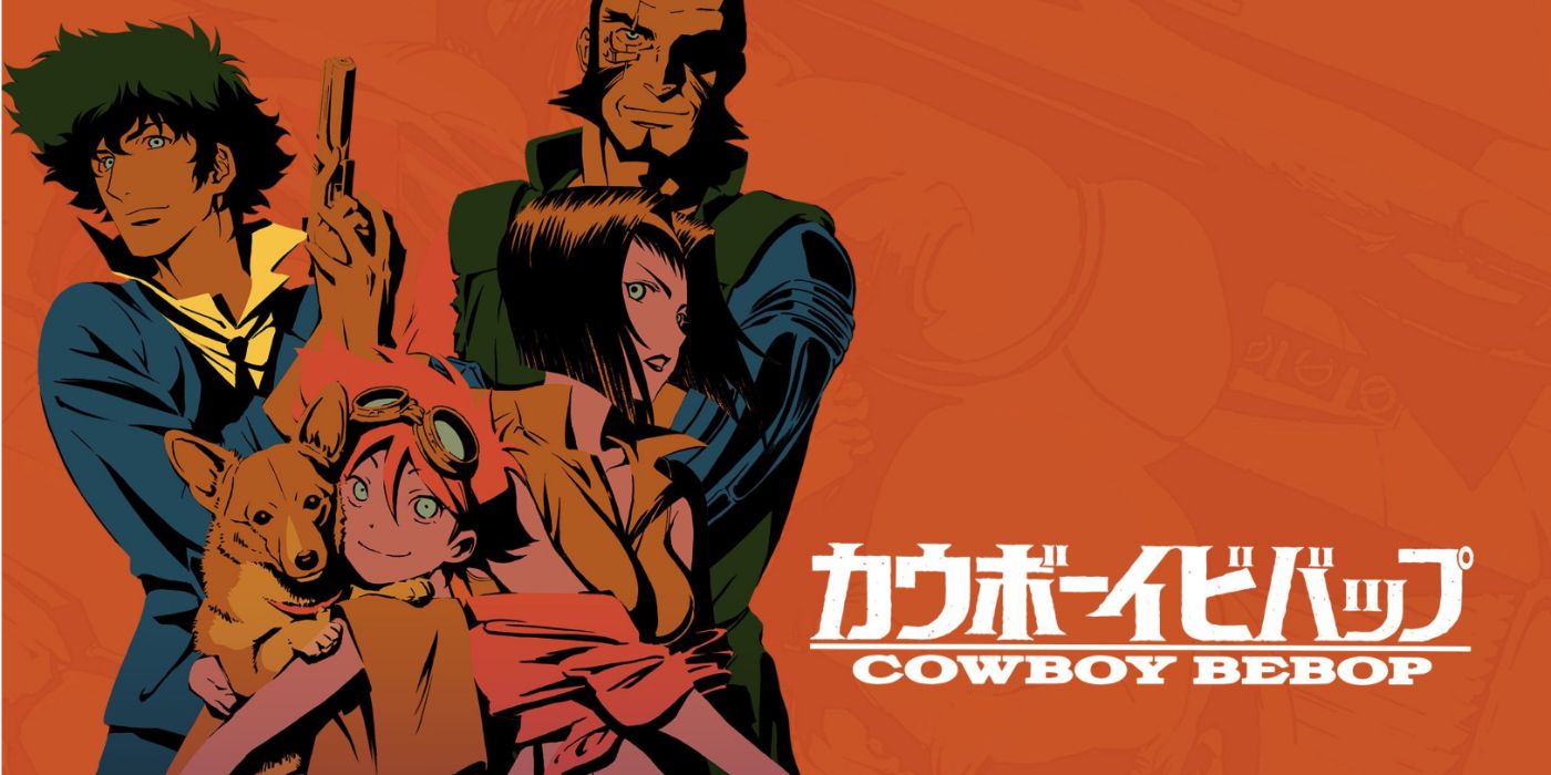 Spike, Ein, Ed, Faye e Jet na arte-chave do anime Cowboy Bebop.