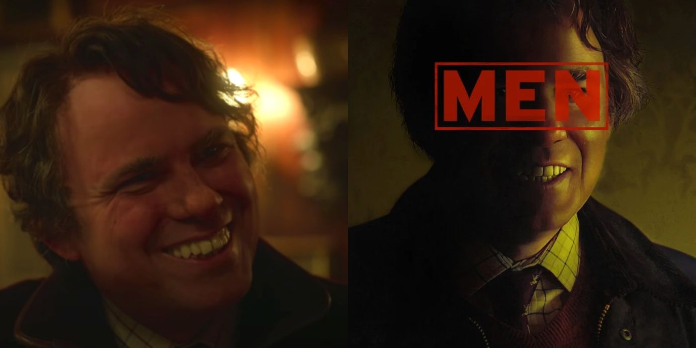 Rory Kinnear grinning in a creepy way in Men and on the Men movie poster