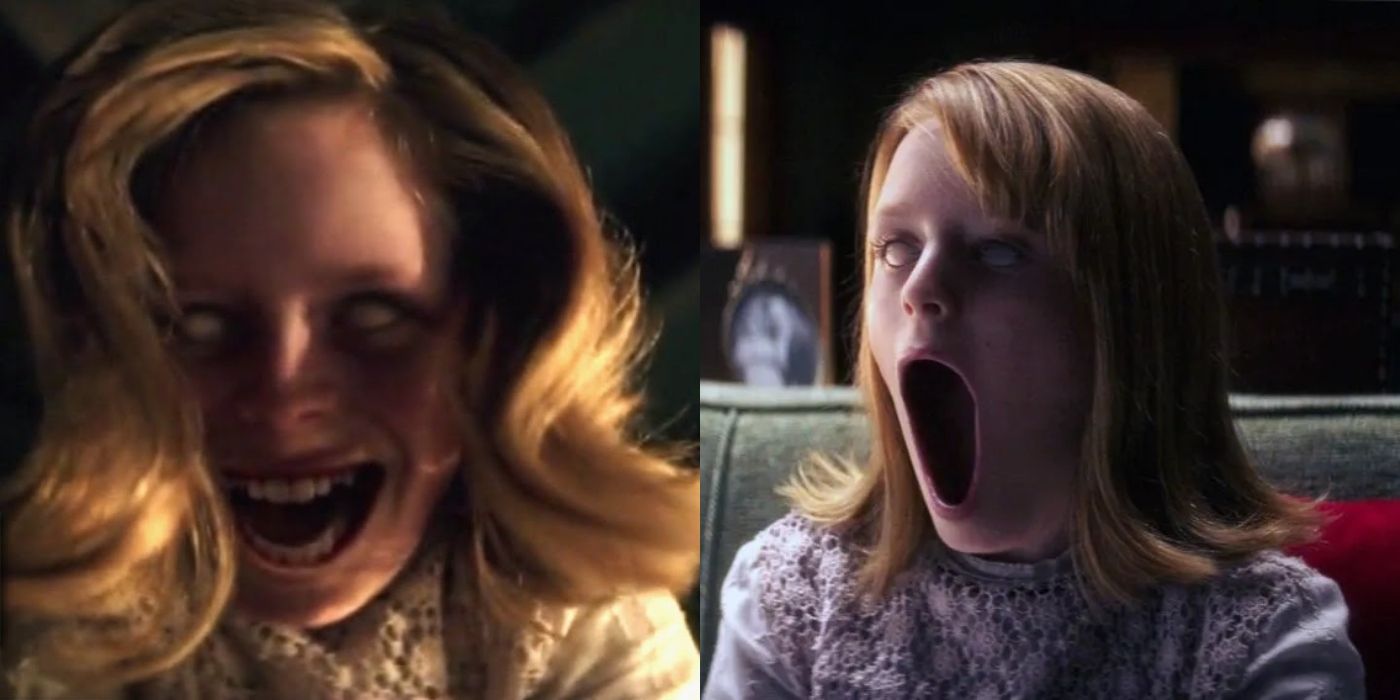 Split image of Doris Zander grinning and screaming in Ouija: Origin Of Evil