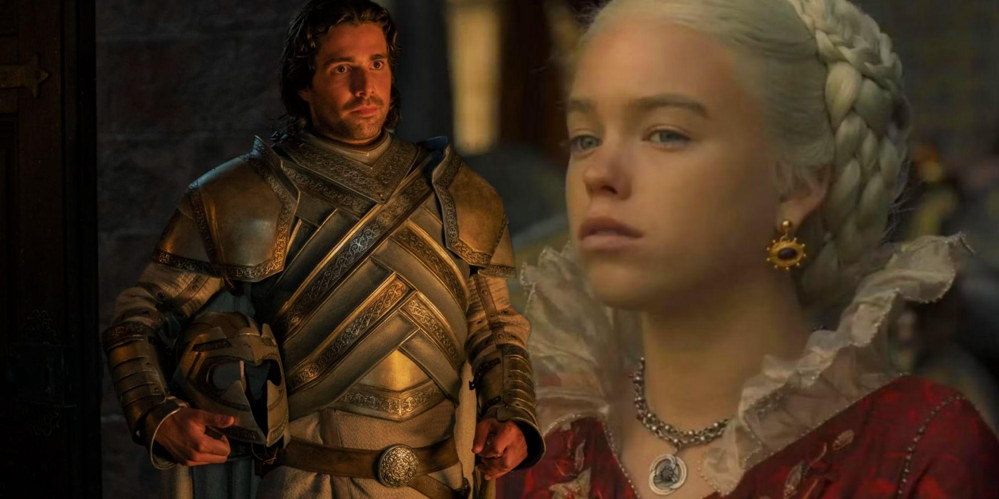 Blended image of Ser Criston Cole and young Rhaenyra Targaryen in House of the Dragon