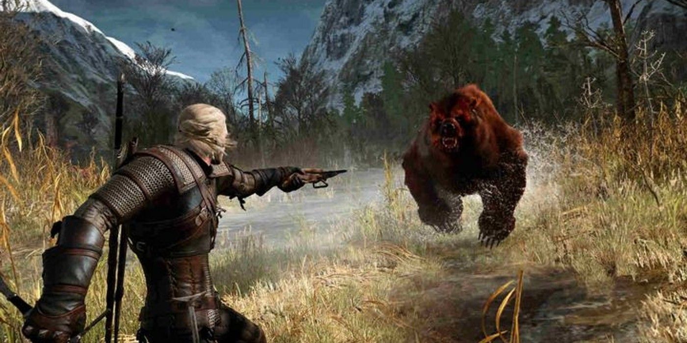 Geralt pointing a crossbow at a charging bear in the Witcher 3.