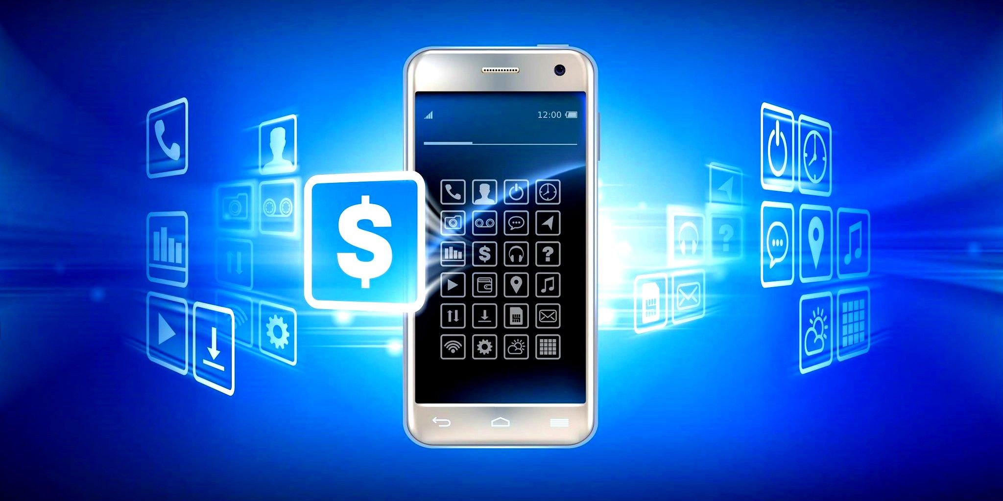 Smartphone with symbols around it on blue background