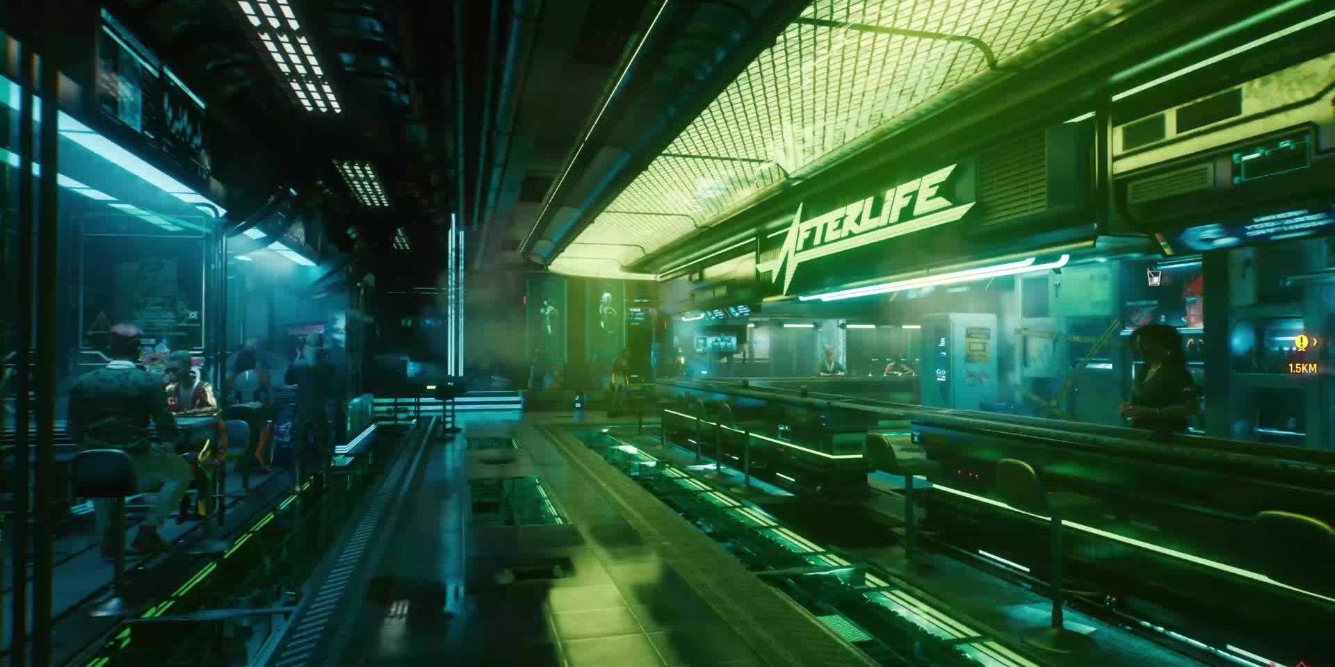 L'intérieur de l'Afterlife Bar dans Cyberpunk 2077 éclairé au néon