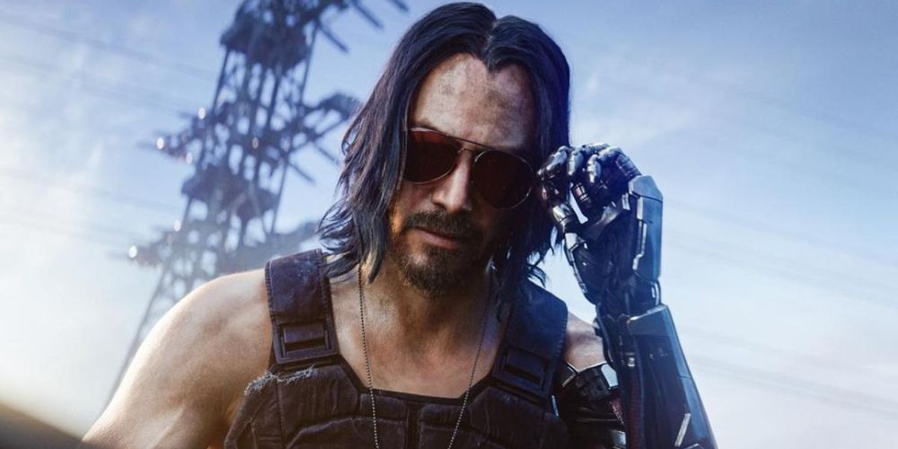 Johnny adjusts his shades in Cyberpunk 2077