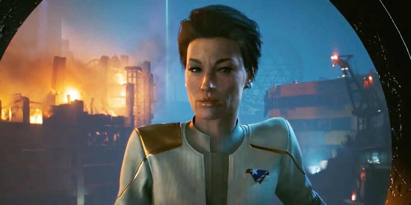 Gros plan sur Rosalind Myers, la présidente de la NUSA, dans Cyberpunk 2077 Phantom Liberty.