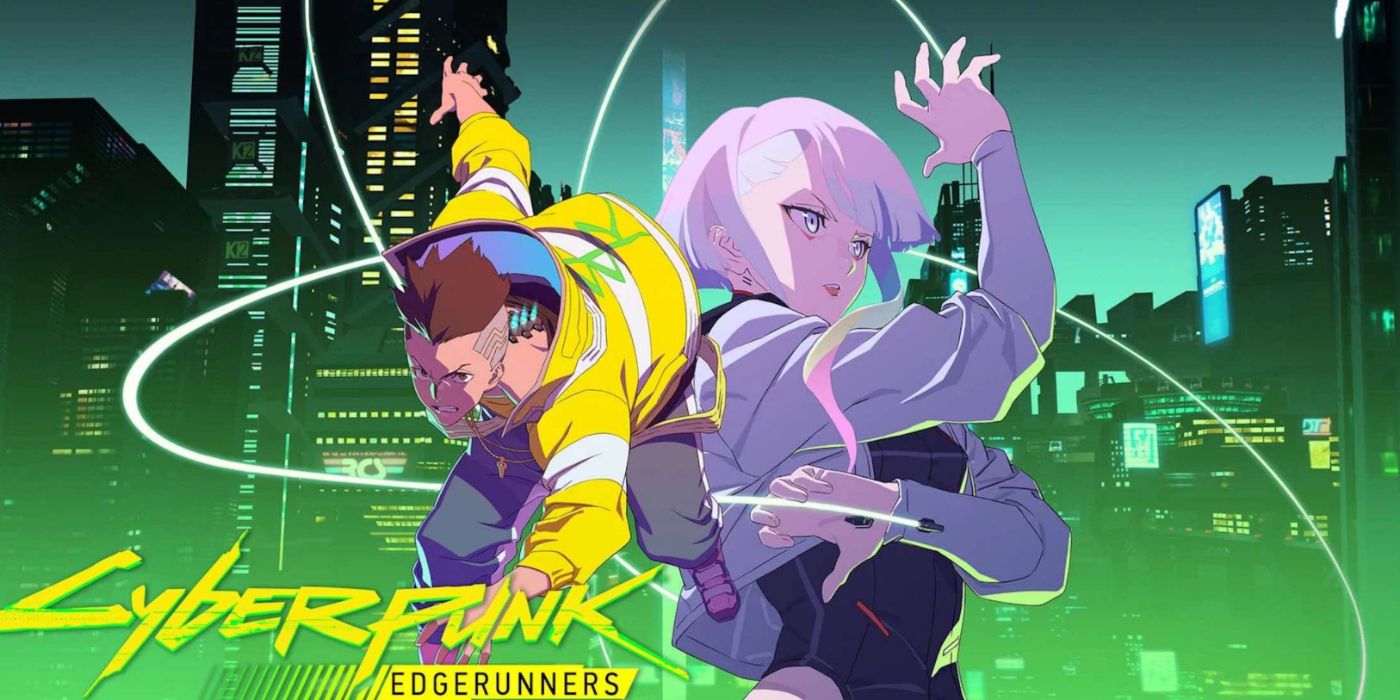 Arte chave do anime Cyberpunk: Edgerunners com David e Lucy em ação.